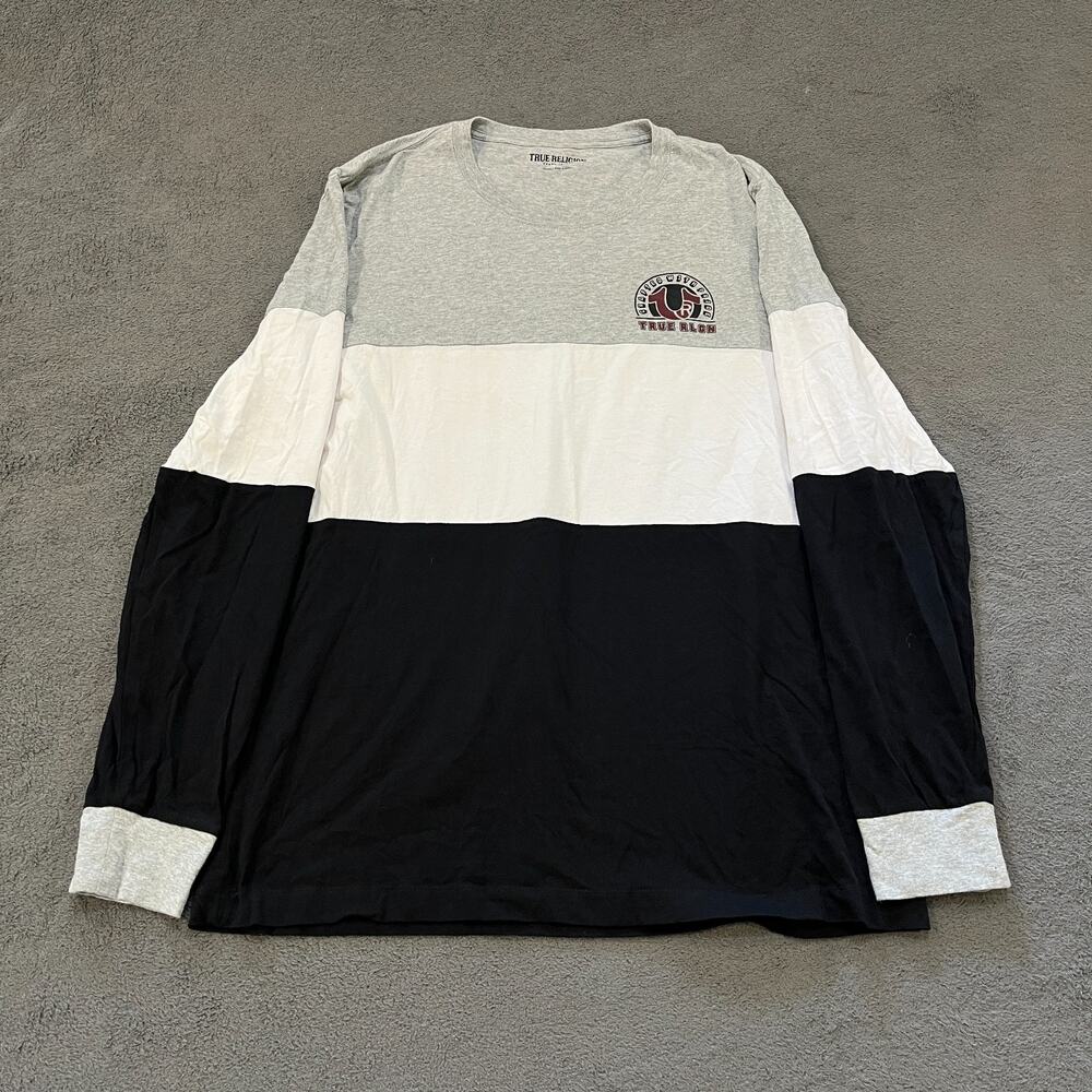 True Religion Gray White Black Long Sleeve Graphic Crew Neck T-Shirt Men's Sz XL
